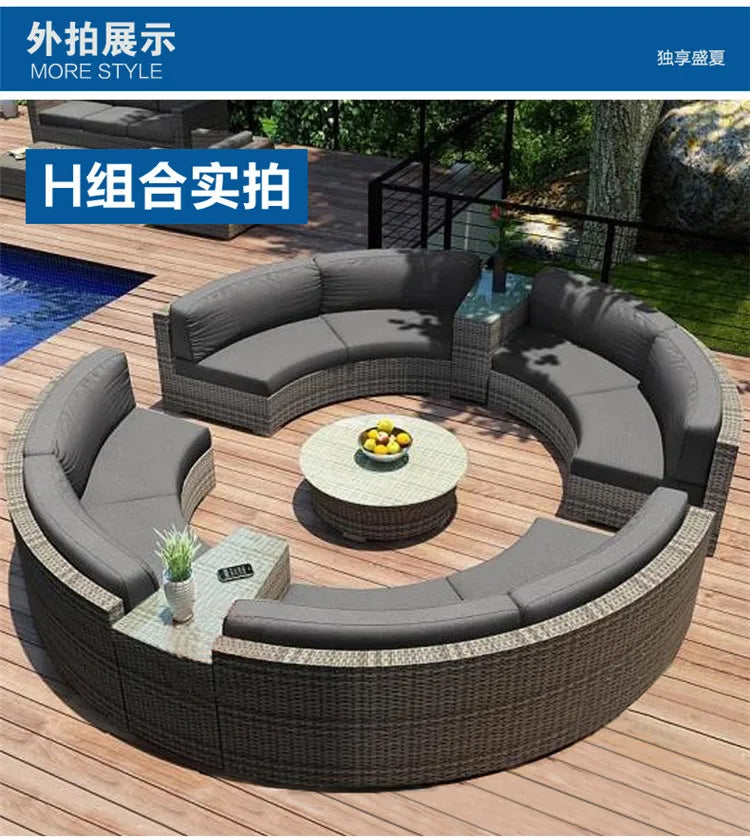Modern Imitation Rattan Round Sofa Set Outdoor Garden Patio Rattan Woven Sofa Leisure Balcony Rattan Chair Furniture