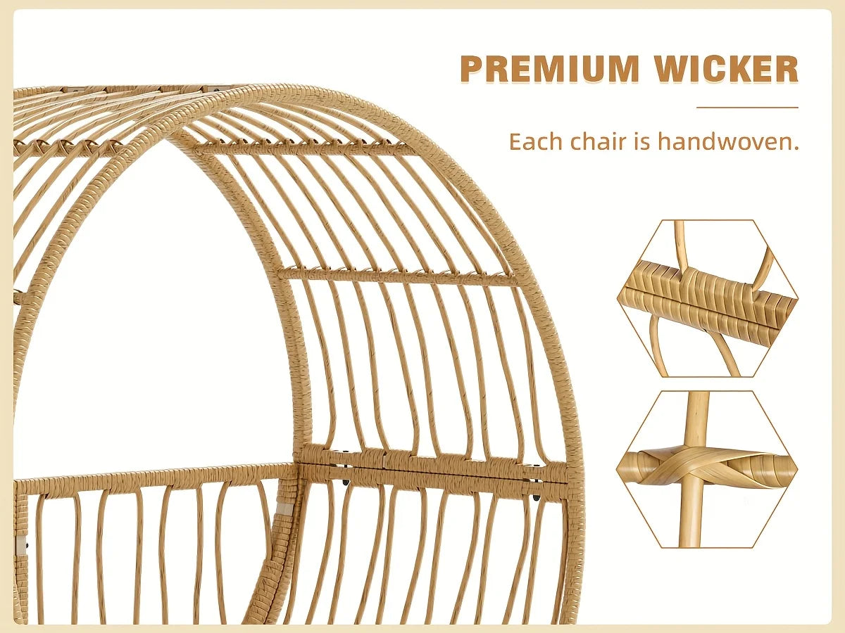 Wicker Round Egg Chair, Oversized Outdoor Lounger For Patio, W/ 4 Cushions, Steel Frame, 330lbs, Rattan Moon Chair