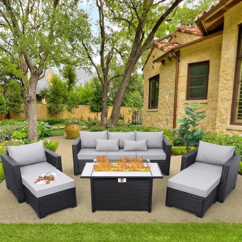 6-Piece Patio Set with 60K BTU Fire Pit, Anti-Slip Cushions (Grey)