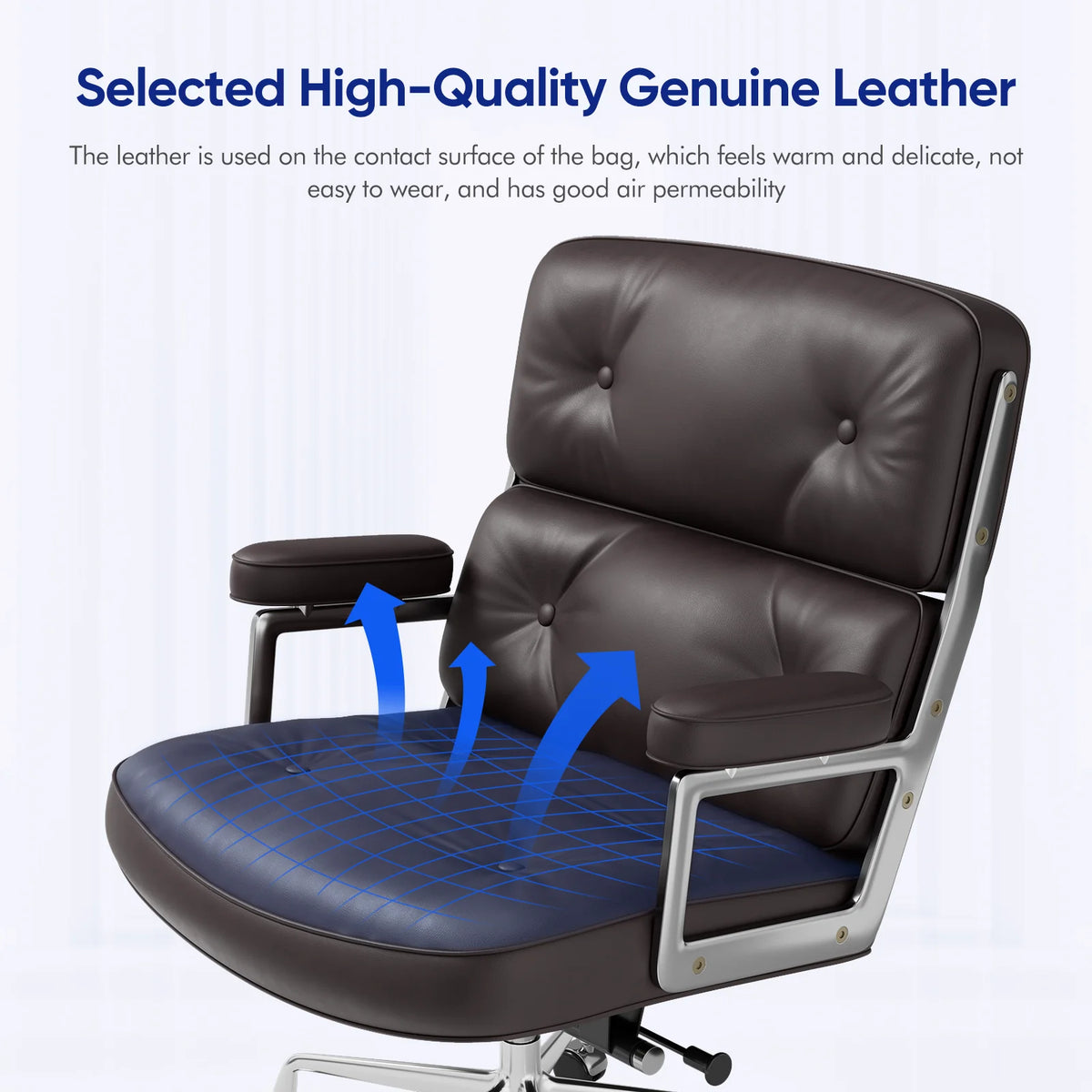 Ergonomic Office Chair Genuine Leather with Aluminum Arms and Wheels for Support Rolling Swivel Business Executive Office Chair