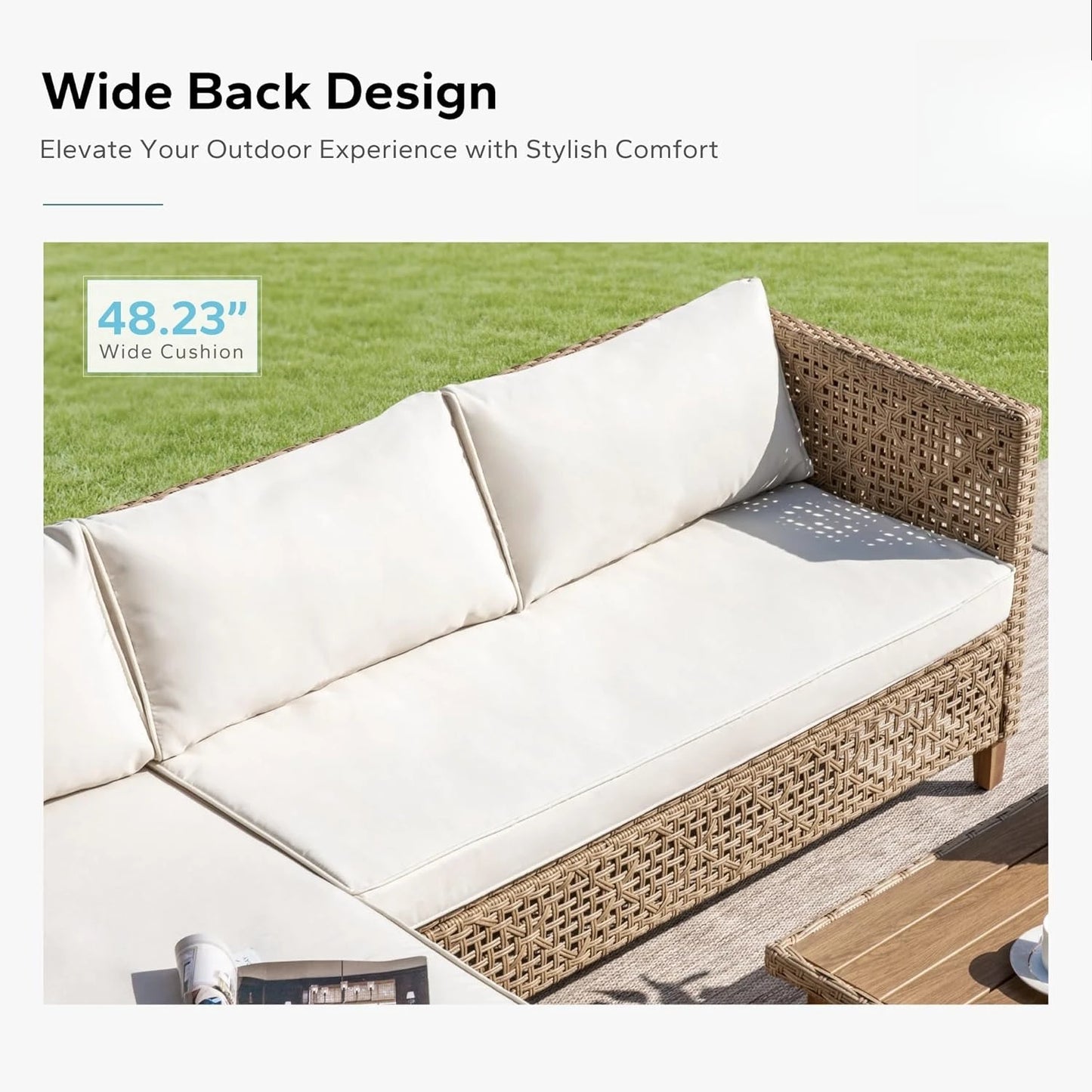 L Shaped Outdoor Sectional Sofa Set Rattan Patio Furniture with Wood Table 3 Pieces Small Conversation Set for Backyard, Custom