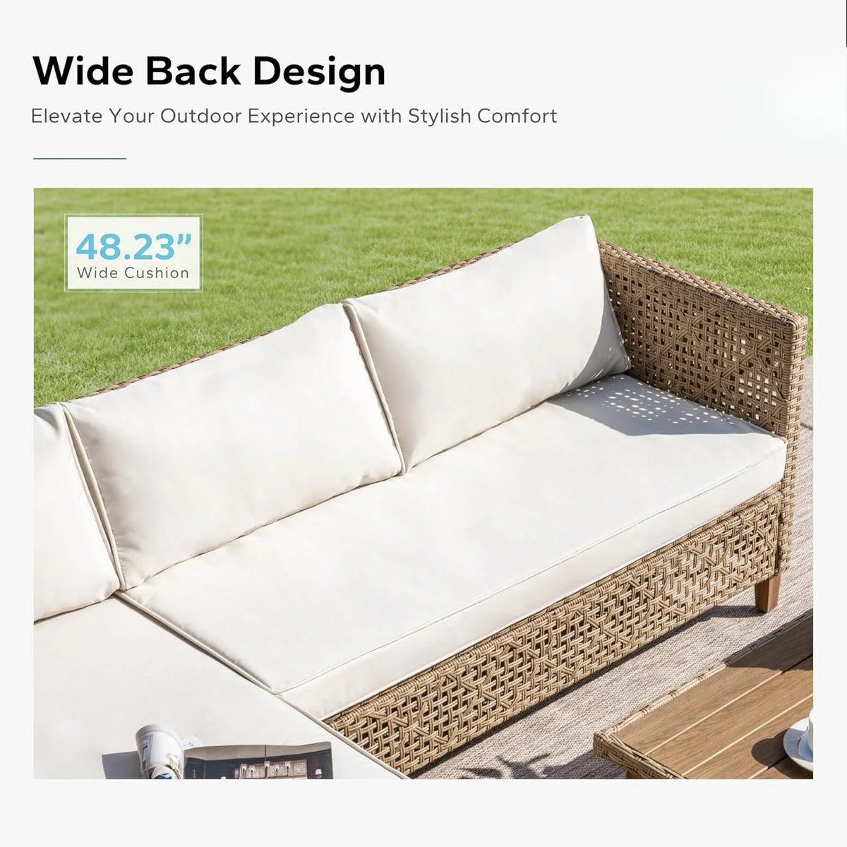 L Shaped Outdoor Sectional Sofa Set Rattan Patio Furniture with Wood Table 3 Pieces Small Conversation Set for Backyard, Custom