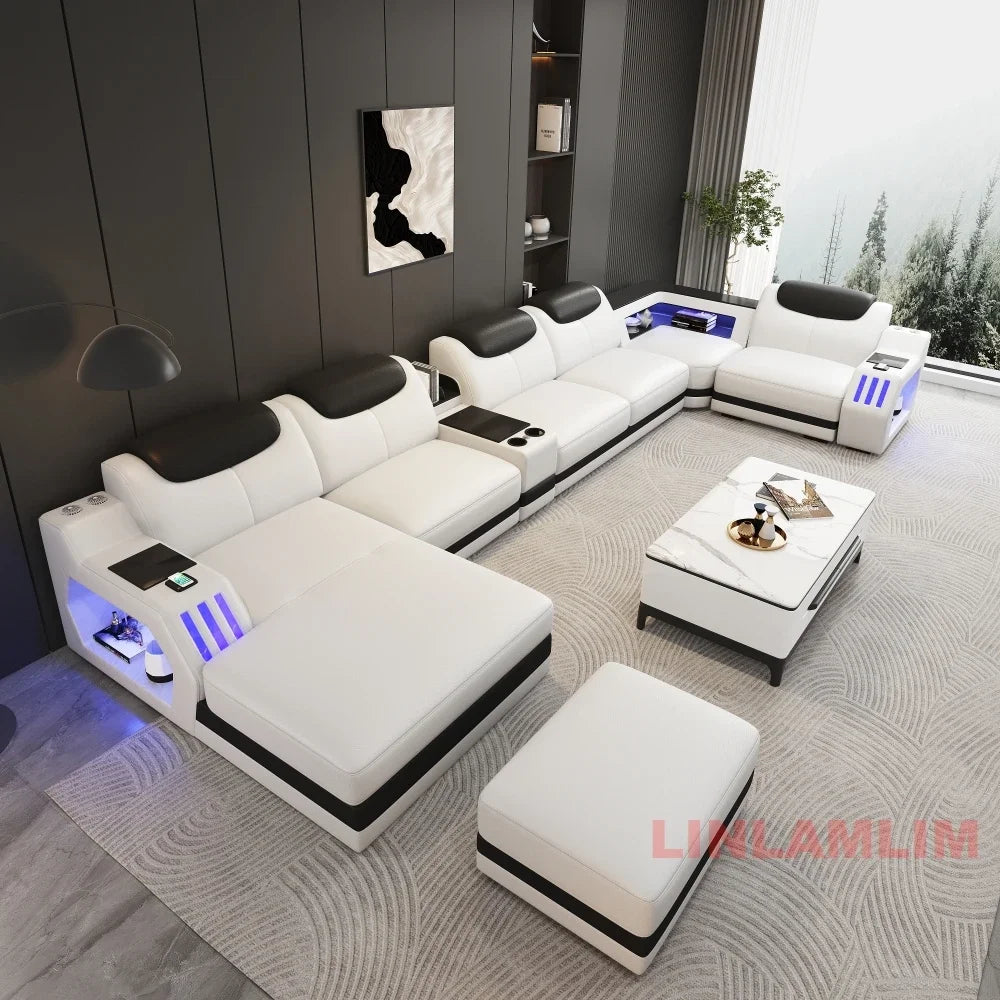 Modern Genuine Leather Massage Sectional Sofa Bed with Adjustable Headrests & LED Lights, Recliner Couch Set with Storage & USB