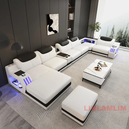 Modern Genuine Leather Massage Sectional Sofa Bed with Adjustable Headrests & LED Lights, Recliner Couch Set with Storage & USB