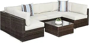 Seven Piece Modular Set, Outdoor Sectional Wicker Patio, Conversation With Two Pillows, Coffee Table Cover Included