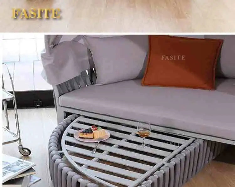 Outdoor circular bed courtyard terrace waterproof and sunscreen aluminum frame structure rope weaving storage