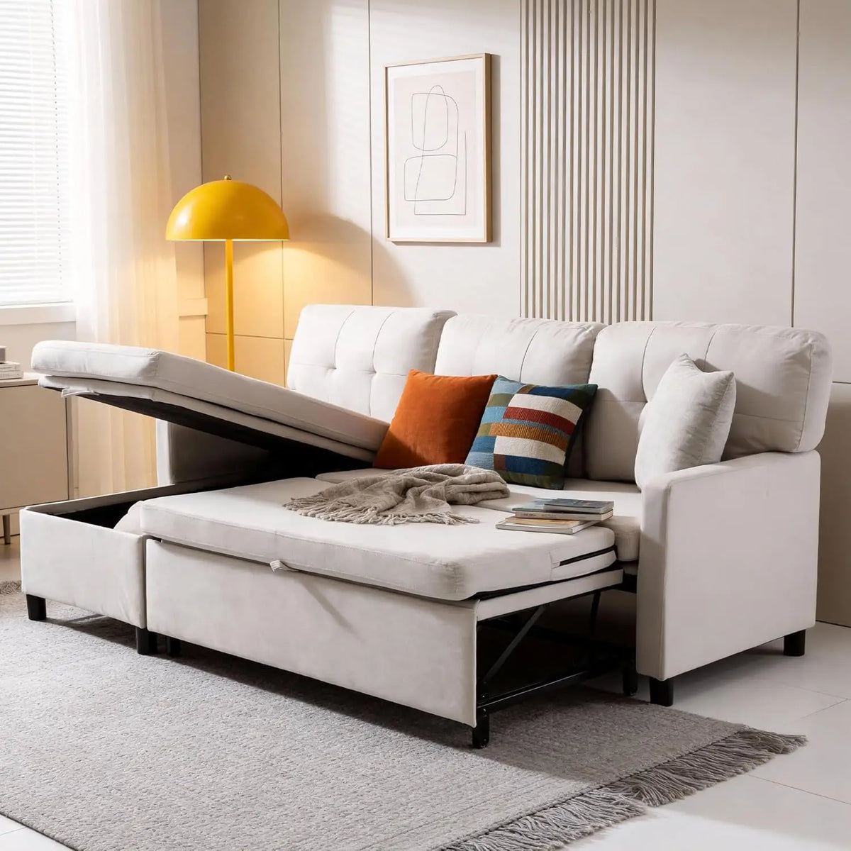 Sleeper Sofa Couch, Oversized Pull-Out Bed with Storage Chaise, Sectional Design for Living Room, Customized