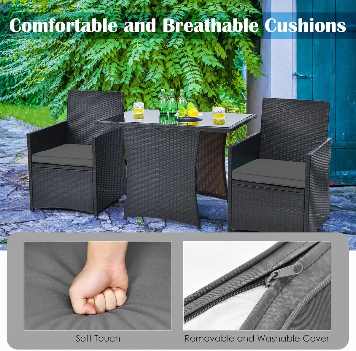 3-Piece Outdoor Rattan Bistro Set with Cushions, Glass Top, Grey