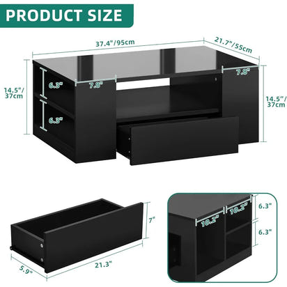 Contemporary LED Coffee Table with High Gloss Finish, Storage Drawers and Open Shelves for Living Room in Black Medium Size