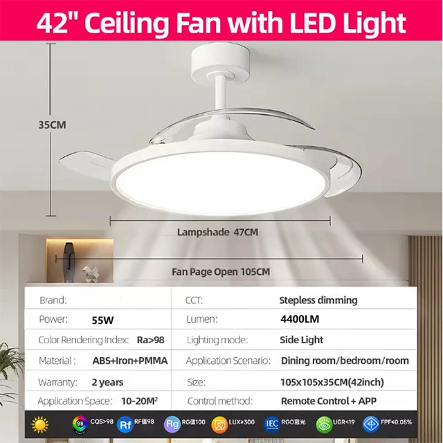 Ultra Thin Ceiling Fan lamps Retractable Fan Blade with Remote Control Fan for Room Bedroom Living Room Led Lighting AC95-260V