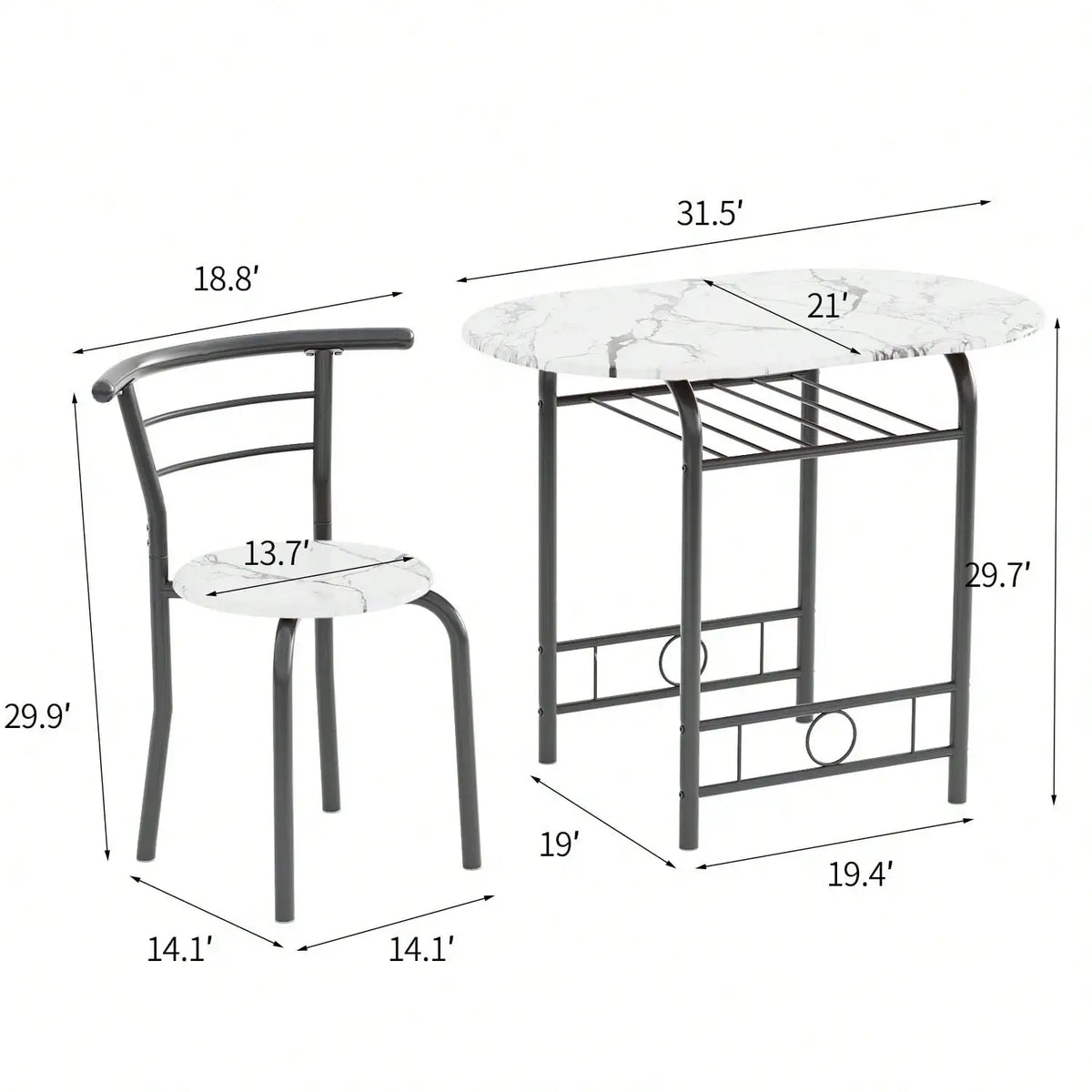 3-Piece Wooden Round Table & Chair Set, Space Saving Kitchen Breakfast Nook Wood Grain Tabletop With Metal Frame