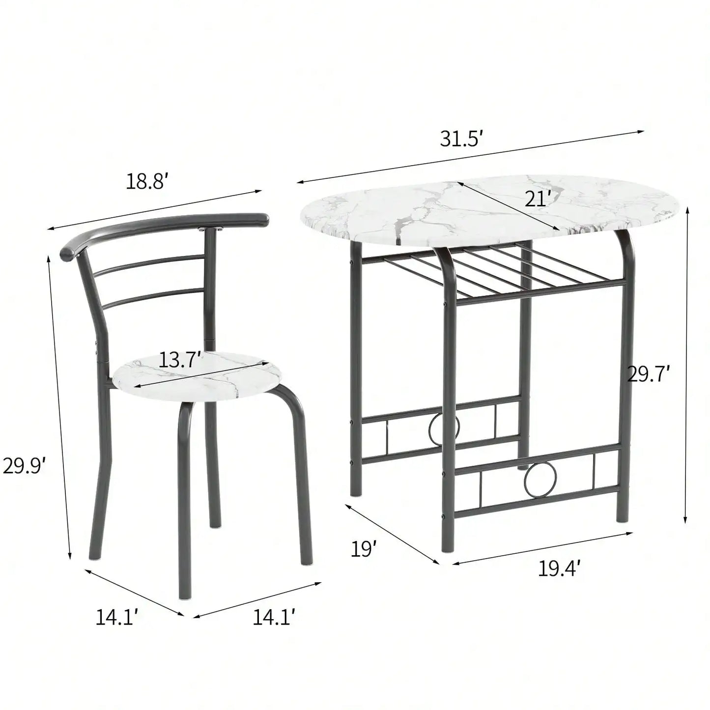 3-Piece Wooden Round Table & Chair Set, Space Saving Kitchen Breakfast Nook Wood Grain Tabletop With Metal Frame