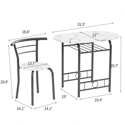 3-Piece Wooden Round Table & Chair Set, Space Saving Kitchen Breakfast Nook Wood Grain Tabletop With Metal Frame