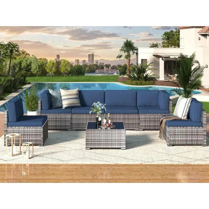 Piece Patio .Rattan Gray Wicker Outdoor Sectional Furniture Chair Set with