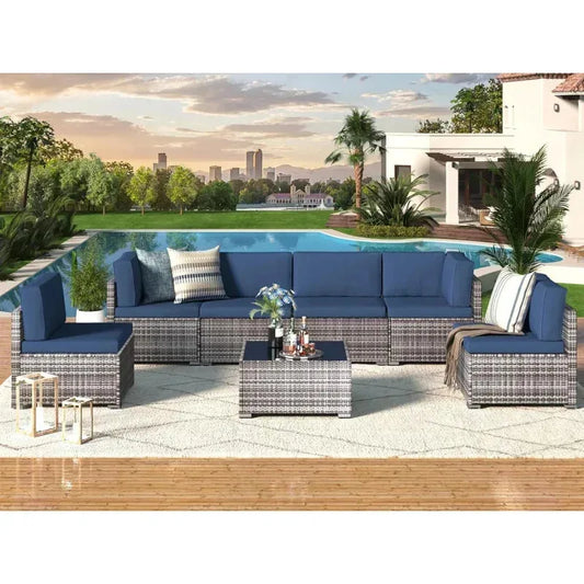 Piece Patio .Rattan Gray Wicker Outdoor Sectional Furniture Chair Set with