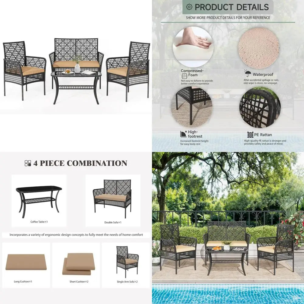 4-Piece Outdoor Wicker Patio Furniture Set with Cushions and Glass Top Coffee Table