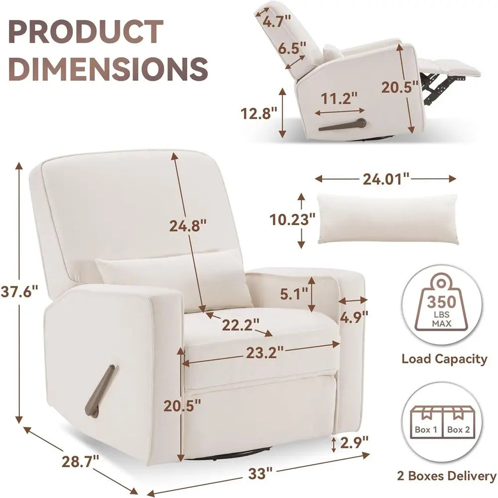 Swivel Recliner Chair with Lumbar Support, Nursery Rocking Chair for Bedroom, Upholstered Armchair with Pillows and Footrest for