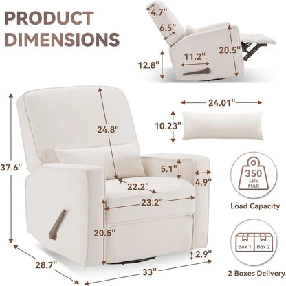 Swivel Recliner Chair with Lumbar Support, Nursery Rocking Chair for Bedroom, Upholstered Armchair with Pillows and Footrest for