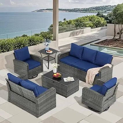 PatioLix Furniture Sets 6 Pieces with Swivel Chairs, Outdoor Furniture Set for Porch Deck Bistro Lawn Garden Backyard Poolsid-Brown