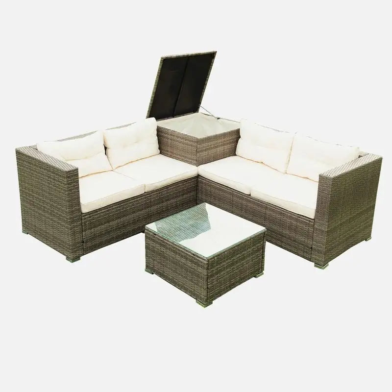 4-Piece Patio Sectional Rattan Sofa Set with Storage - Grey Wicker with Cream Cushions