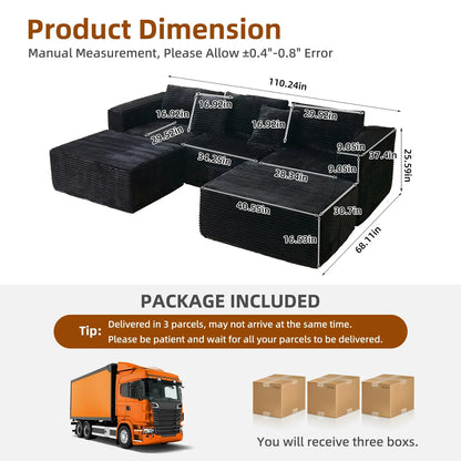 110" Modular Sectional Couch with 2 Movable Ottoman,3-Seater Boneless Cloud Sofa Couches for Living Room, U Shaped Comfy Sofa,Lu