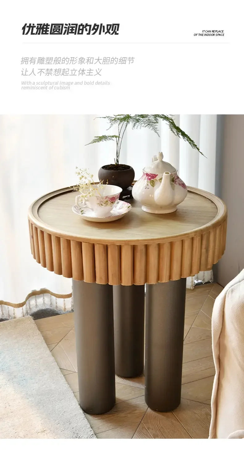 New arrivals pastoral style living room furniture rustic round wood carved coffee table with 3 legs