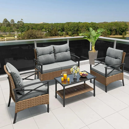 4-Piece Patio Furniture Wicker Outdoor Bistro Set, All-Weather Rattan Conversation Loveseat Chairs for Backyard, Balcony and De