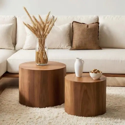 Nesting Coffee Table Set of 2, Modern Round Walnut Wooden Tables for Small Spaces