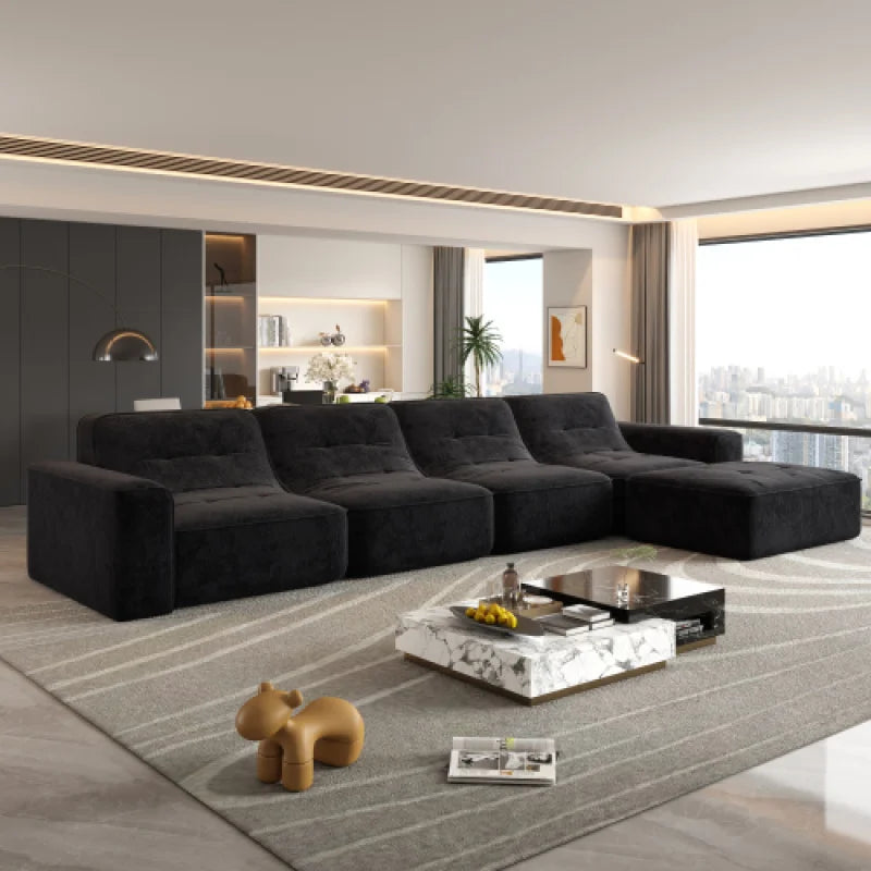 U-Shaped Sectional Sofa, Convertible Modular Couch with Double Chaise, 4-Seater Living Room Furniture, Black