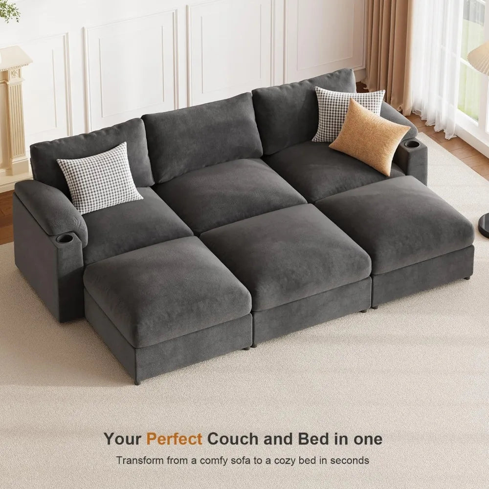U-Shaped 6-Seat Velvet Cloud Sofa with Deep Seating and Convertible Sleeper for Living Room, 119.6 Inch Sectional Couch