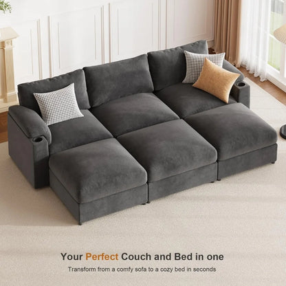 U-Shaped 6-Seat Velvet Cloud Sofa with Deep Seating and Convertible Sleeper for Living Room, 119.6 Inch Sectional Couch