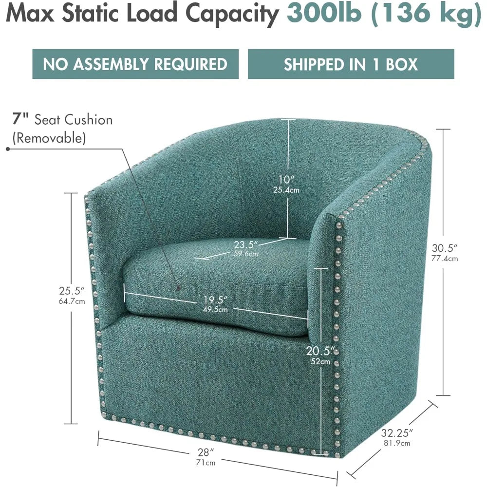 Swivel Barrel Accent Chair with Upholstered Curved Back, 7-Inch Thick Cushion, 360° Rotation, Nailhead Trim