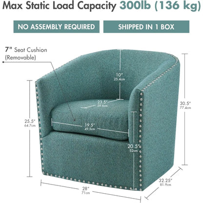 Swivel Barrel Accent Chair with Upholstered Curved Back, 7-Inch Thick Cushion, 360° Rotation, Nailhead Trim