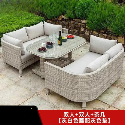 Nordic Outdoor Garden Sofas Leisure PE Rattan Garden Terrace Sofa Chair Set Courtyard Balcony Double Sofa Outdoor Furniture GG A