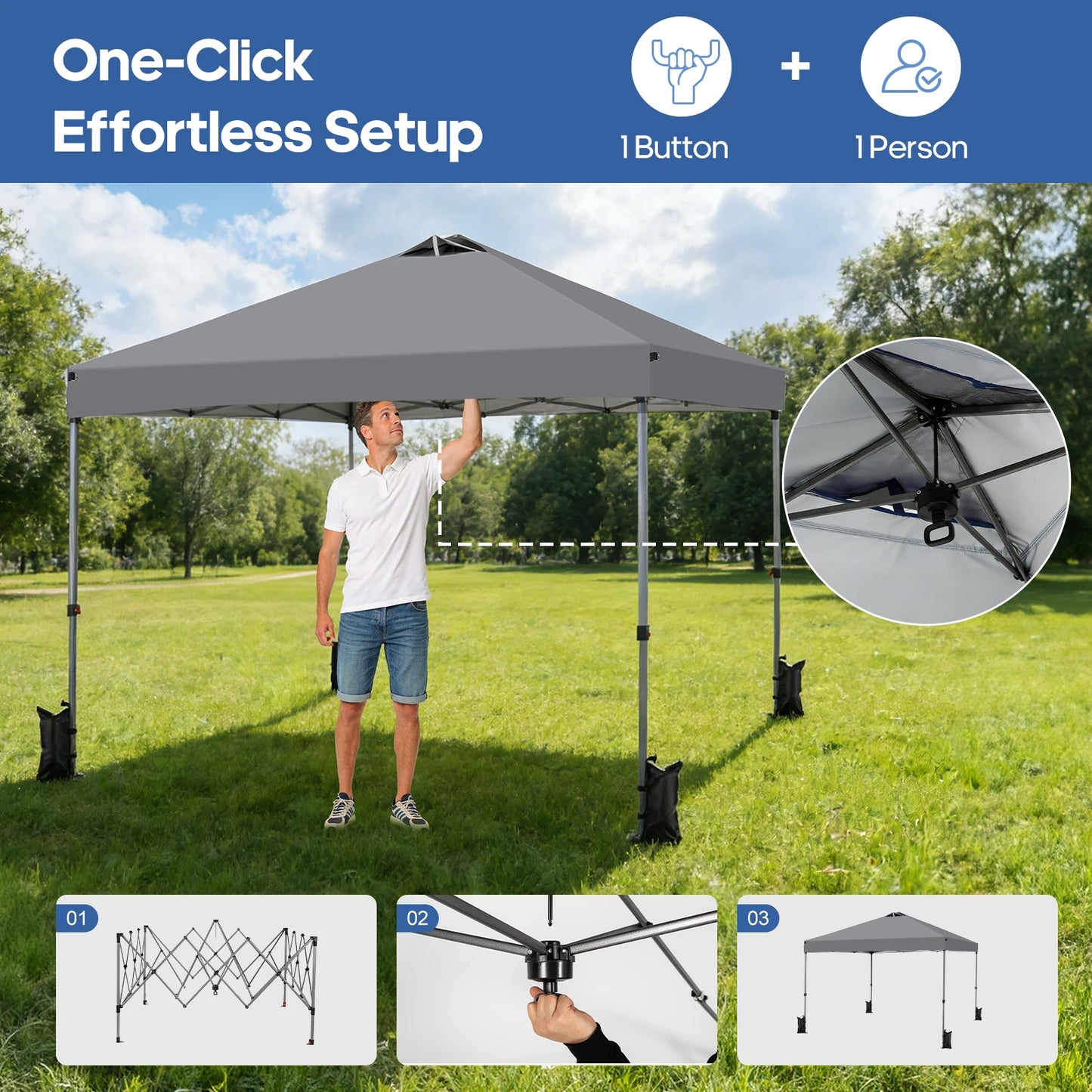 JHK 10x10ft One Push Setup Pop Up Canopy Tent Portable Outdoor Sun Shelter for Beach Events Camping with Rolling Carry Bag