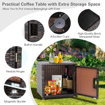 3 Pieces Outdoor Wicker Conversation Set with Waterproof Cover, 2 Patio PE Rattan Cushioned Chairs with Side Storage Table, Suit
