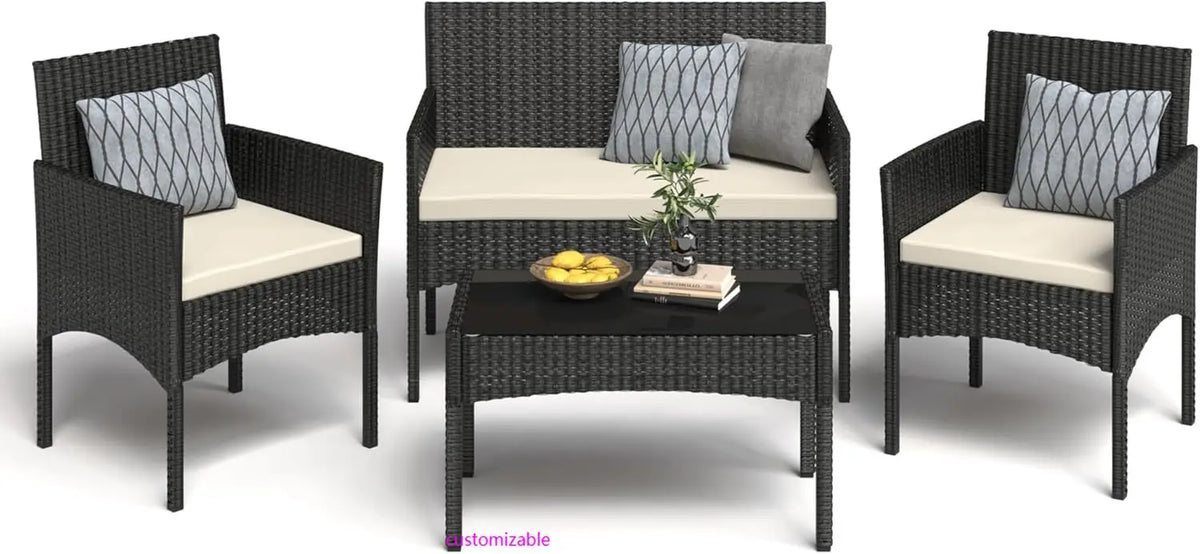 4 Pieces Patio Furniture Set, Outdoor Wicker Rattan Patio Conversation Furniture Set with Waterproof Cushion and Table