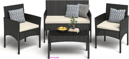 4 Pieces Patio Furniture Set, Outdoor Wicker Rattan Patio Conversation Furniture Set with Waterproof Cushion and Table