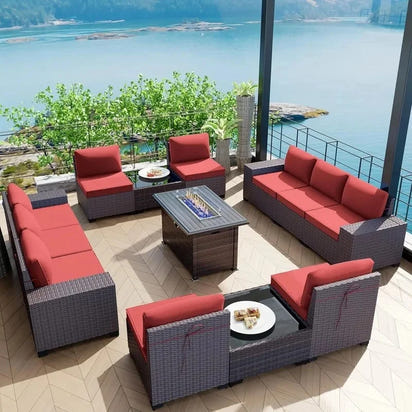 13-Piece Outdoor Patio Furniture Set with Gas Propane Fire Pit Table, PE Wicker Rattan Sectional Sofa in Red Color