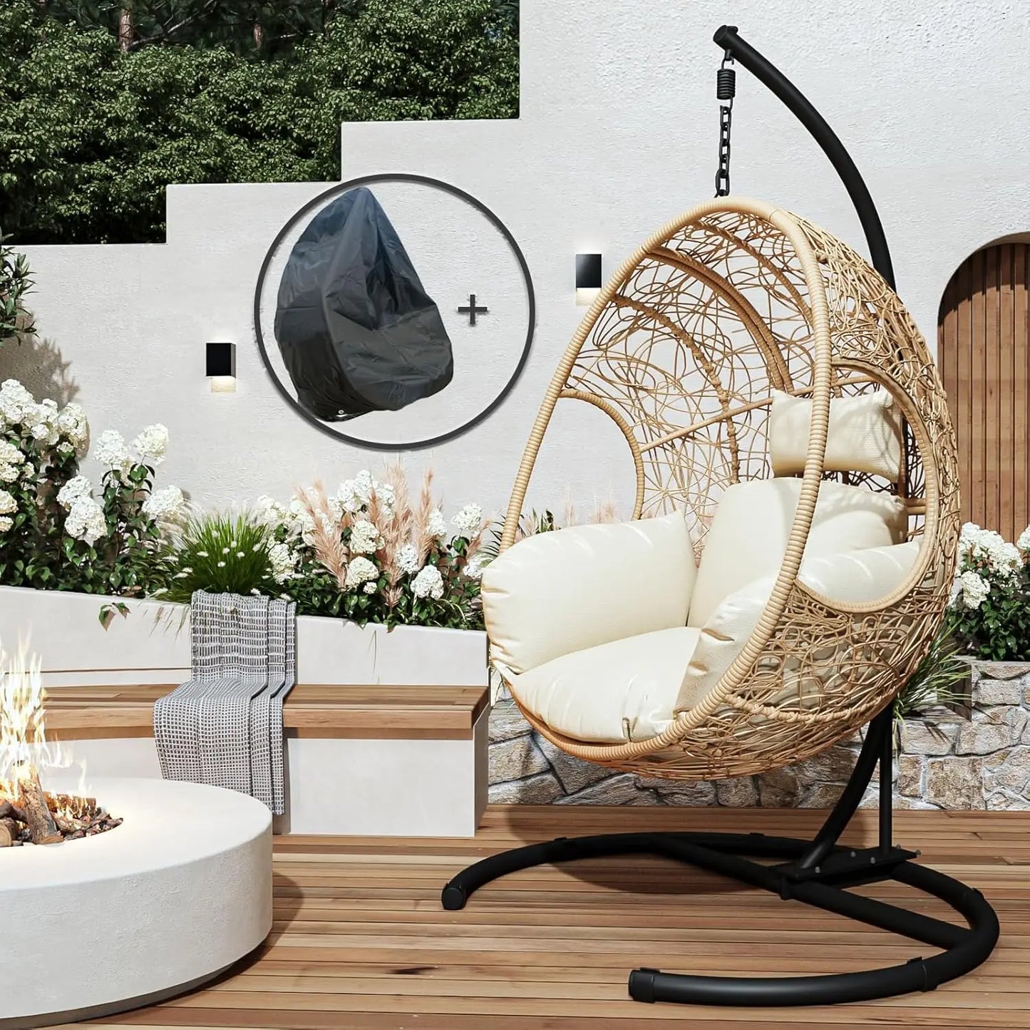 Hanging Egg Chair with Stand, Oversized Patio Swing Chair with Stand and Cushion, Hammock Wicker Rattan Lounge Chair