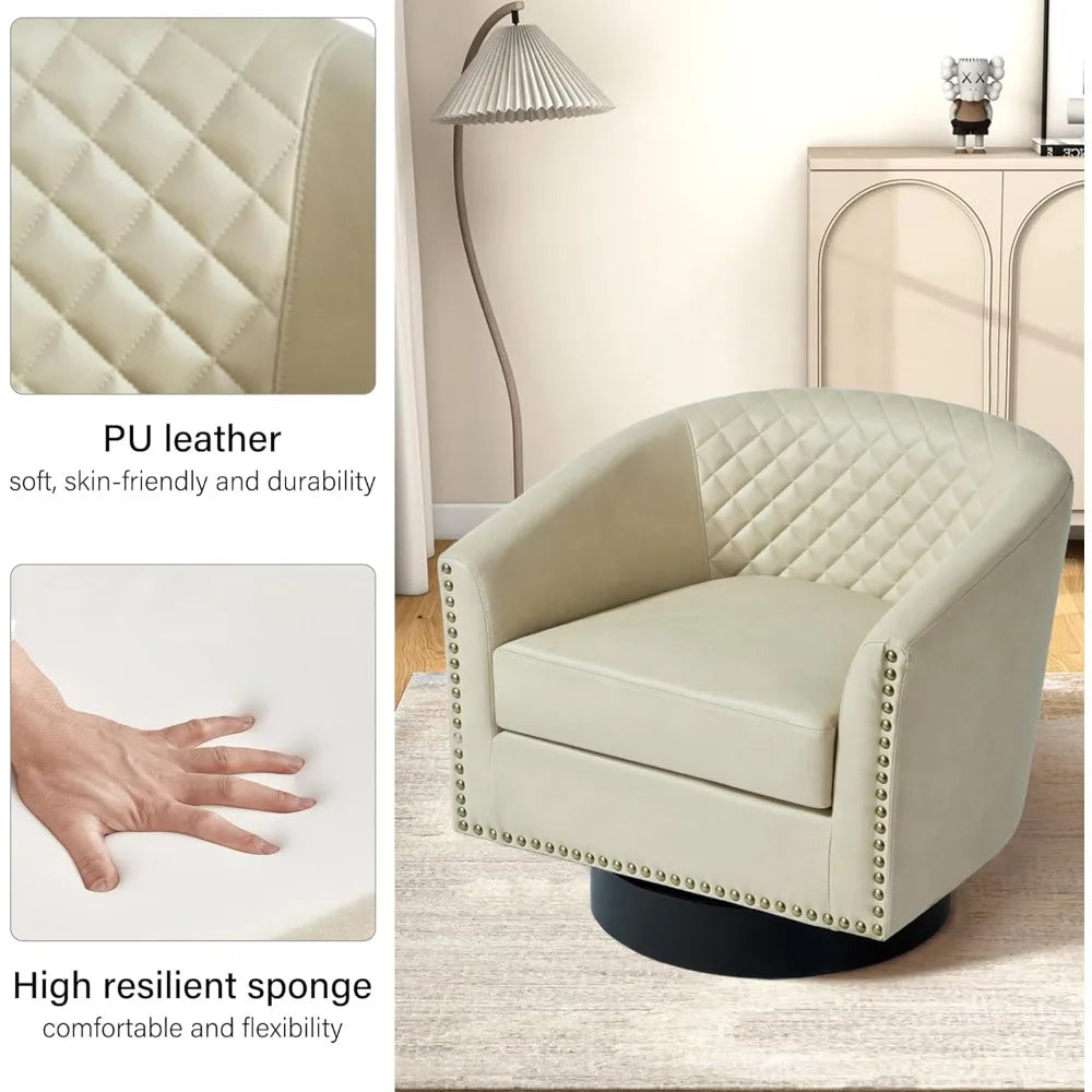 Swivel Barrel Accent Chairs, Comfortable Modern Upholstered Round Faux Leather Armchairs for Living Room and Bedroom, Beige, Set
