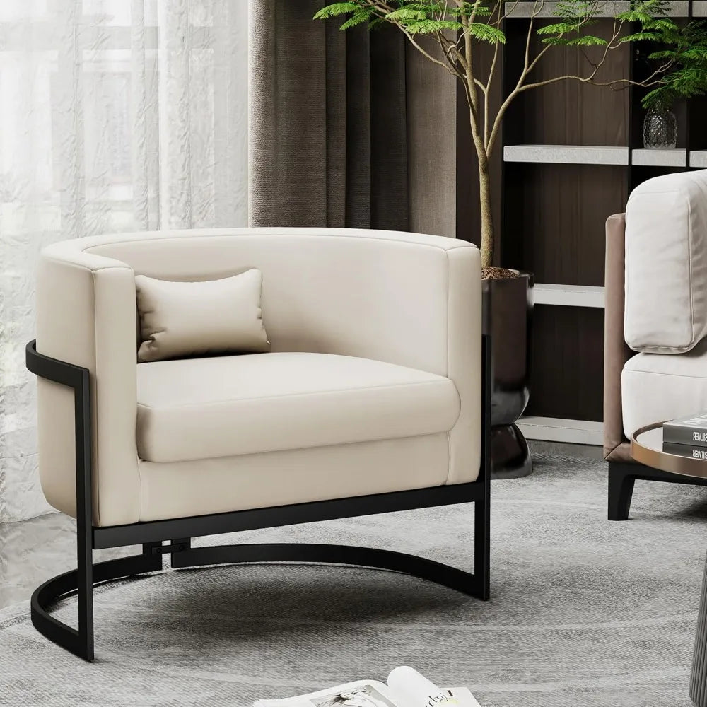 Upholstered Modern Living Room Chair Barrel Accent Chairs, Faux Leather Armchair Mid Century Lounge Chair Anti Scratch Sofa Tub