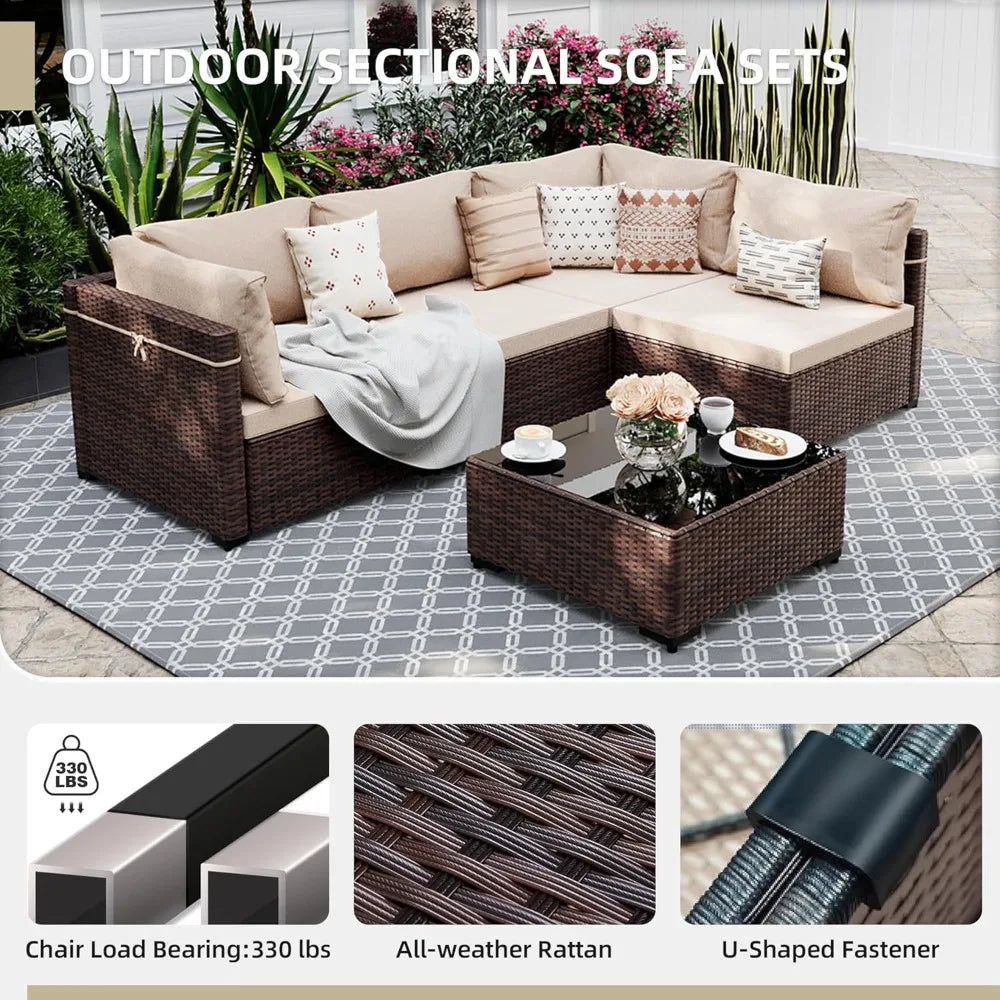 5-Piece Outdoor Patio Furniture Set Wicker Sectional Sofa Conversation Couch for Decks Backyards Gardens