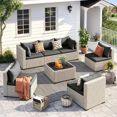 Outdoor Patio Furniture Set, 7-Piece PE Wicker Sectional Sofa with Tea Table, Outdoor Conversation Set for Patio,