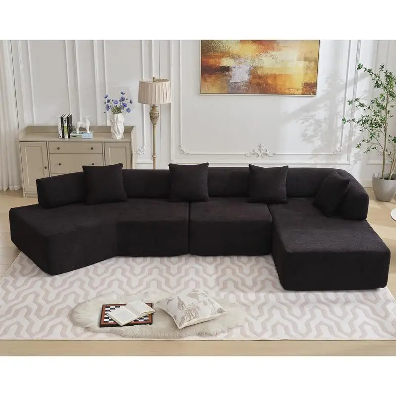 Modern Minimalist Sectional Sofa: L-Shape Cloud Couch with Deep Seats Right Chaise - Black
