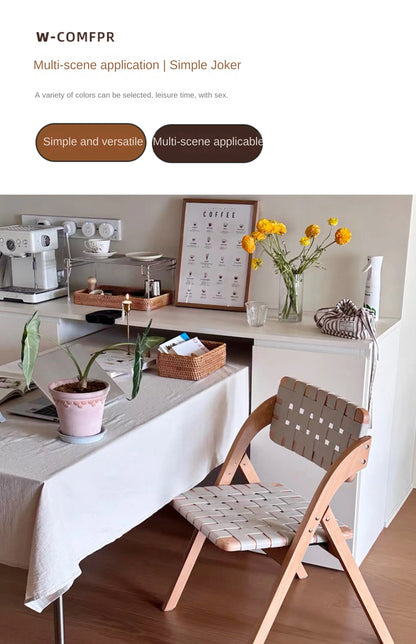 MOMO Retro Solid Wood Dining Chairs Home Living Rooms Saddle Leather Folding Chairs Dining Chairs Wabi Sabi Style Backrest Chair