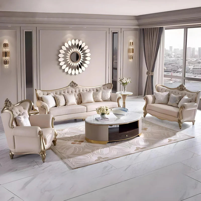 French cream wind solid wood leather living room sofa combination luxury villa sofa high-end luxury