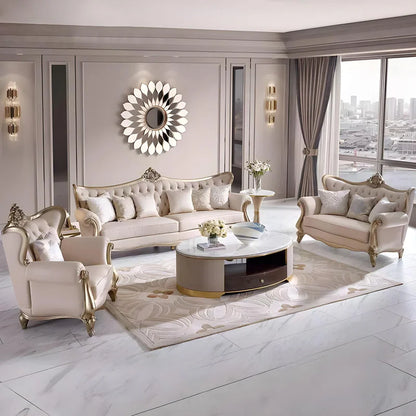 French cream wind solid wood leather living room sofa combination luxury villa sofa high-end luxury
