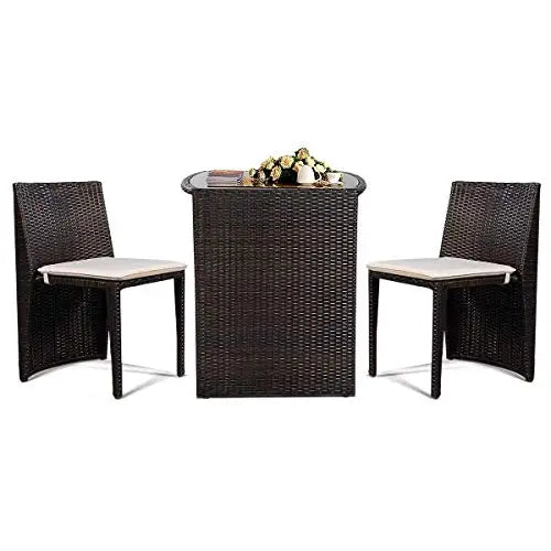 Wicker Bistro Set, 3 Piece Rattan Patio Furniture Set w/Tempered Glass Dining Table and Cushions, Conversation Bistro Sofa Set f