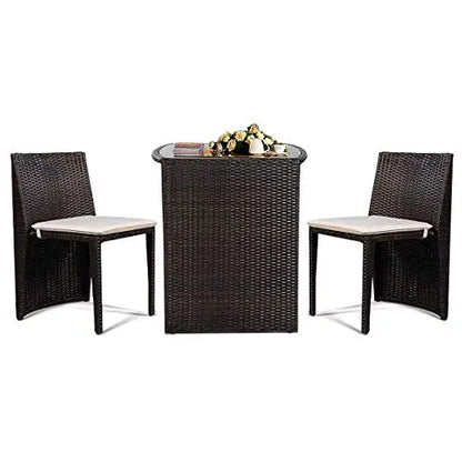 Wicker Bistro Set, 3 Piece Rattan Patio Furniture Set w/Tempered Glass Dining Table and Cushions, Conversation Bistro Sofa Set f
